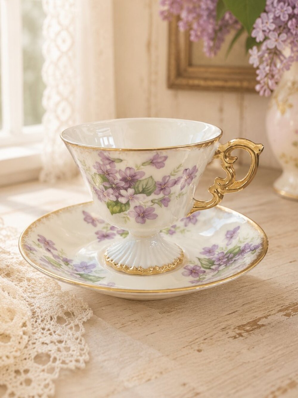 Vintage February Violet Footed Teacup and Saucer Lustreware Gold Trim
